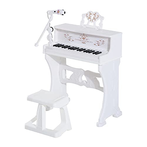 HOMCOM Piano ElectrÃ³nico Infantil de 37 Teclas Juego de Piano con Modelo PedagÃ³gico MicrÃ³fono Taburete Luces y 22 Canciones USB/MP3/Bluetooth Karaoke 53,5x27x63 cm Blanco