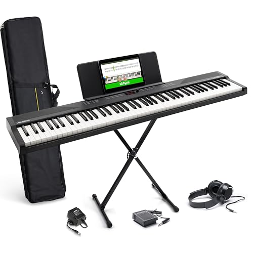 Alesis Teclado piano con 88 teclas y 480 sonidos, altavoces, MIDI USB, estuche, soporte, auriculares, pedal y lecciones de piano incluidas