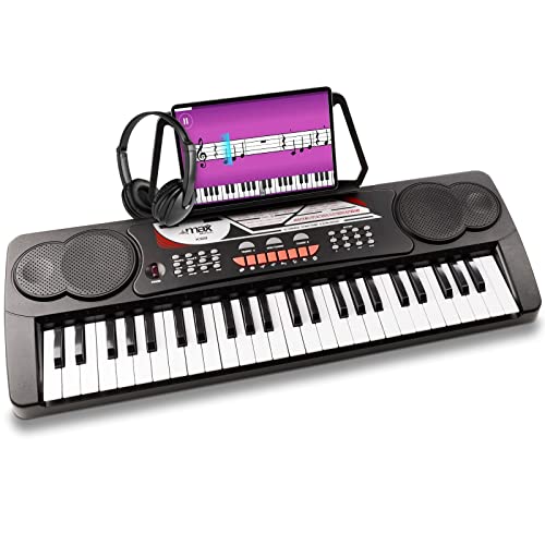 MAX KB8 - Teclado Piano Digital Piano Infantil 49 Teclas con Auriculares, Atril, 6 Canciones Demo, 16 Sonidos, 10 Ritmos, Piano Electronico, Teclado Piano para Principiantes, Negro