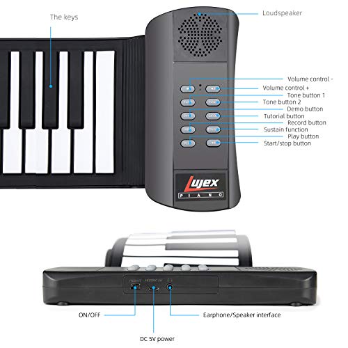 Lujex Roll Up Piano Teclado Portátil 61 Teclas,Teclado de Piano Digital Silicona Flexible Electronic Piano Teclado MIDI con USB Pianos Para Niños (61Keys)