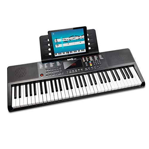 RockJam Teclado RockJam compacto de 61 teclas con soporte para partituras, fuente de alimentación, pegatinas para notas de piano y lecciones de piano simples, Color negro
