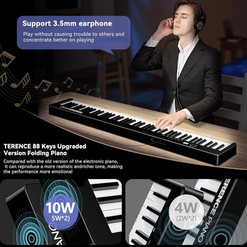 TERENCE Piano Plegable de 88 teclas con batería de 1750mAh semi-ponderadas pedal de sostenido Bluetooth interfaz MIDI soporte para partituras bolsa adhesiva cable de audio