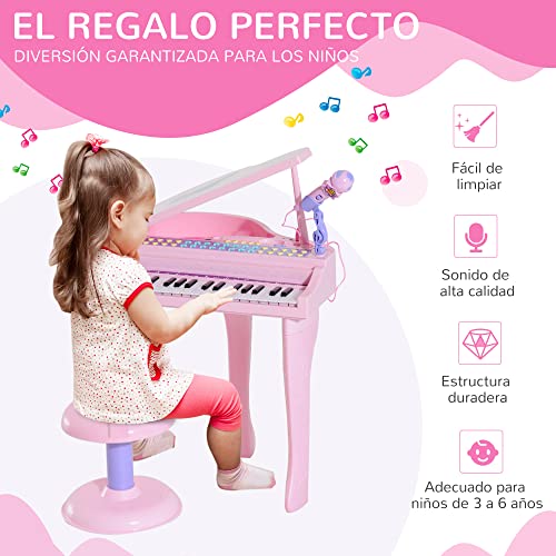 HOMCOM Piano Infantil 37 Teclas Teclado ElectrÃ³nico Juego de Piano con MicrÃ³fono Taburete Luces y 22 Canciones USB/MP3 Karaoke Modo de EnseÃ±anza Rosa