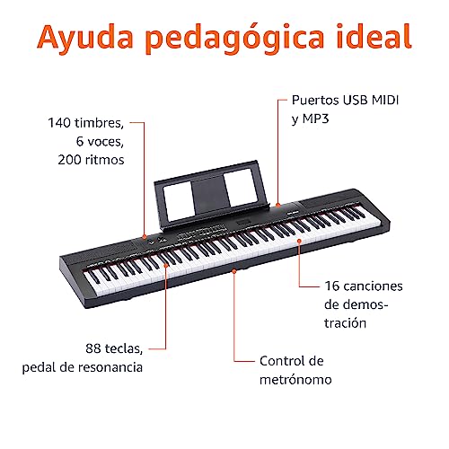 Amazon Basics Piano digital con teclado semipesado de 88 teclas con pedal de resonancia, fuente de alimentaci贸n, 2 altavoces y modo de formaci贸n, Negro