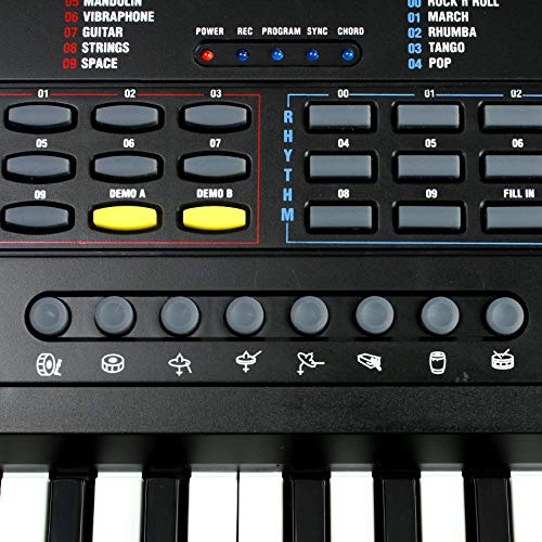 RockJam Piano con teclado de 49 teclas con fuente de alimentaci贸n, atril para partituras, pegatinas para notas y lecciones simples.